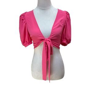 NWT HELLO MOLLY Pink Puff Sleeve Tie Front Crop Top‎ XS